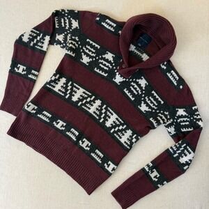 American Eagle Mens Shawl Collar Sweater Medium Burgundy Grey Geometric Knit M9